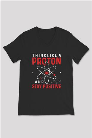 Fizik Proton Pozitif Baskılı Unisex V Yaka Siyah Tİşört - Tshirt