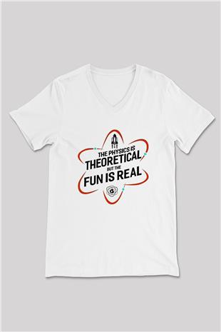 Fizik Teorik Baskılı Unisex V Yaka Beyaz Tişört - Tshirt