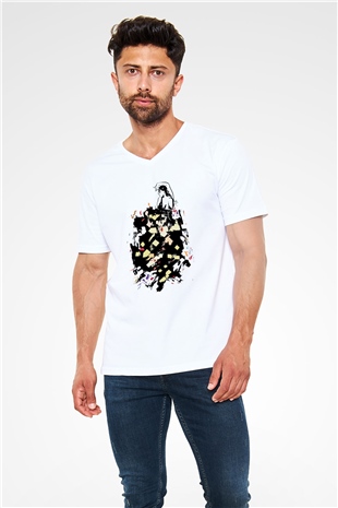 Flamenko Beyaz Unisex V Yaka Tişört