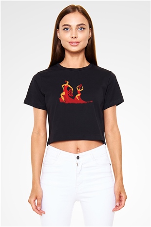 Flamenko Siyah  Crop Top Tişört