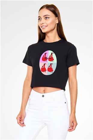 Flamenko Siyah  Crop Top Tişört