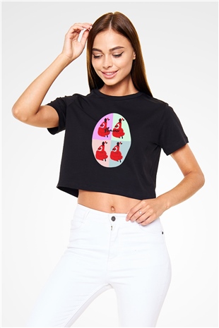 Flamenko Siyah  Crop Top Tişört