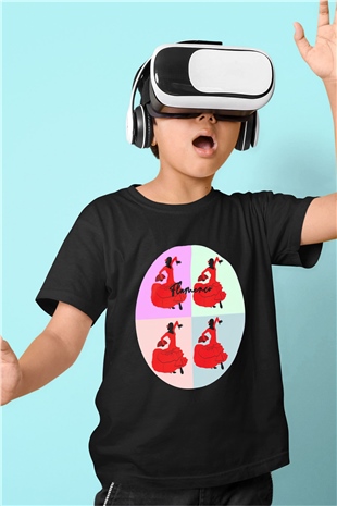 Flamenko Siyah Unisex Çocuk Tişört