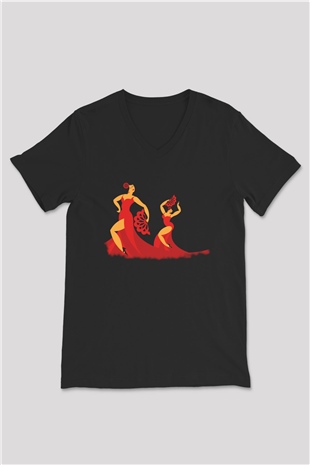 Flamenko Siyah Unisex V Yaka Tişört