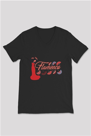 Flamenko Siyah Unisex V Yaka Tişört