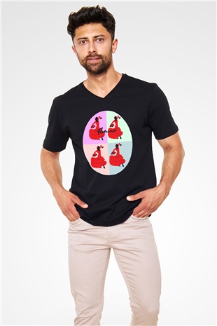 Flamenko Siyah Unisex V Yaka Tişört