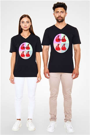 Flamenko Siyah Unisex V Yaka Tişört