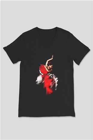 Flamenko Siyah Unisex V Yaka Tişört T-Shirt