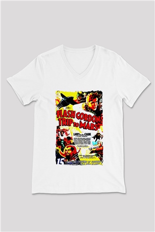 Flash Gordon Beyaz Unisex  V Yaka Tişört