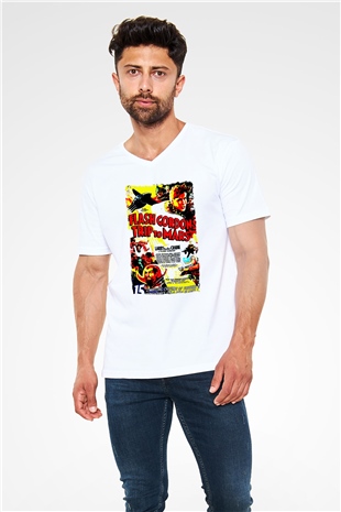 Flash Gordon Beyaz Unisex  V Yaka Tişört