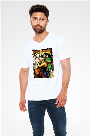 Flash Gordon Beyaz Unisex  V Yaka Tişört