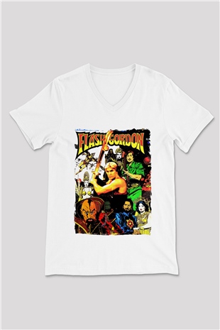 Flash Gordon Beyaz Unisex  V Yaka Tişört