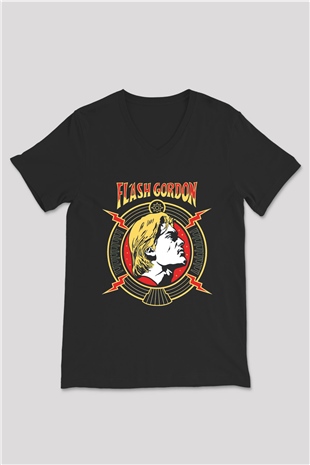 Flash Gordon Siyah Unisex  V Yaka Tişört