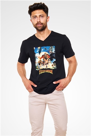 Flash Gordon Siyah Unisex  V Yaka Tişört