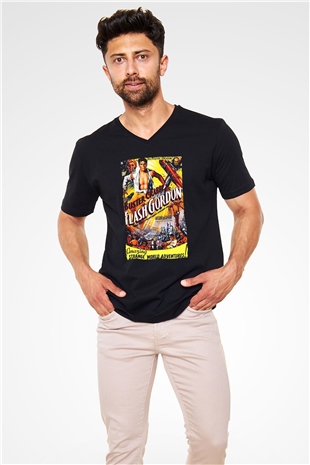 Flash Gordon Siyah Unisex  V Yaka Tişört