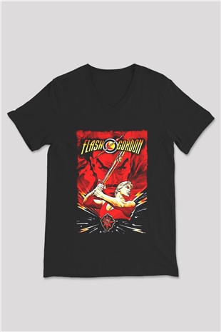 Flash Gordon Siyah Unisex  V Yaka Tişört
