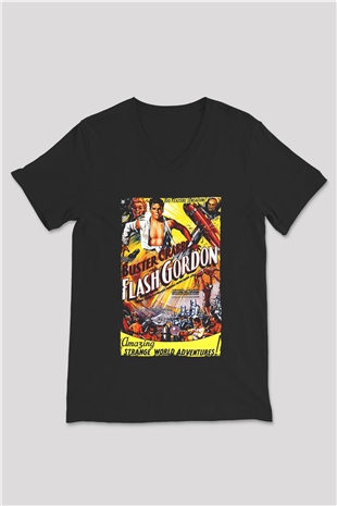 Flash Gordon Siyah Unisex  V Yaka Tişört