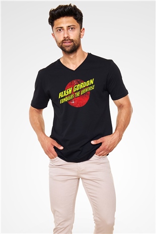 Flash Gordon Siyah Unisex  V Yaka Tişört