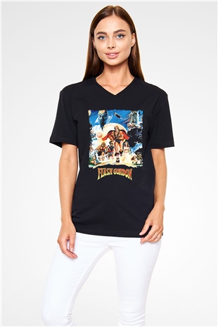 Flash Gordon Siyah Unisex  V Yaka Tişört