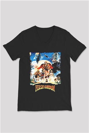 Flash Gordon Siyah Unisex  V Yaka Tişört