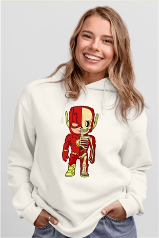 Flash Skeleton Baskılı Unisex Beyaz Hoodie