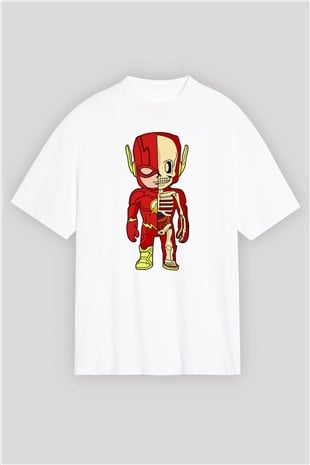 Flash Skeleton Baskılı Unisex Beyaz Oversize Tişört