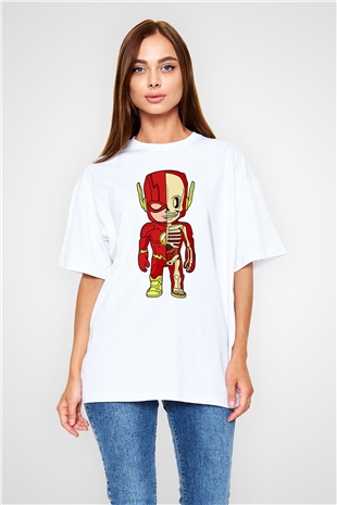 Flash Skeleton Baskılı Unisex Beyaz Oversize Tişört