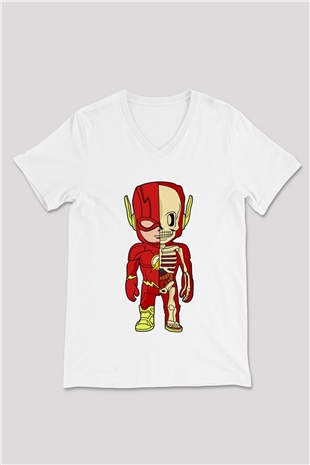 Flash Skeleton Baskılı Unisex Beyaz V Yaka Tişört