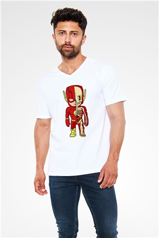 Flash Skeleton Baskılı Unisex Beyaz V Yaka Tişört
