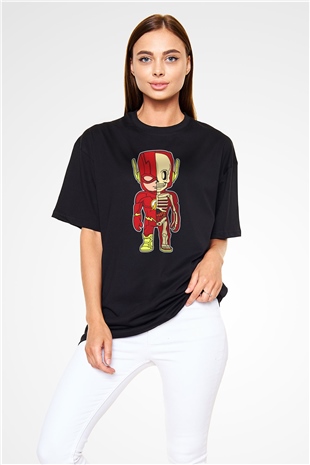 Flash Skeleton Baskılı Unisex Siyah Oversize Tişört