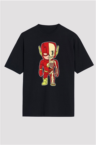 Flash Skeleton Baskılı Unisex Siyah Oversize Tişört