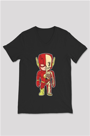 Flash Skeleton Baskılı Unisex Siyah V Yaka Tişört