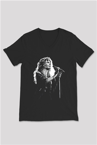 Fleetwod Mac Baskılı Unisex Siyah V Yaka Tişört - Tshirt