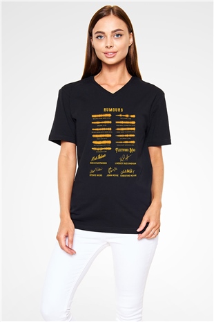Fleetwod Mac Baskılı Unisex Siyah V Yaka Tişört - Tshirt