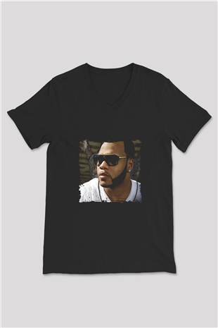Flo Rida Baskılı Unisex Siyah V Yaka Tişört