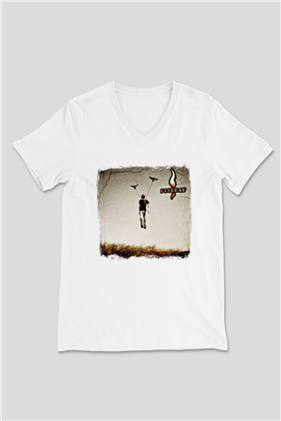 Flyleaf Baskılı Unisex Beyaz V Yaka Tişört