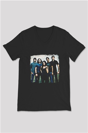 Flyleaf Baskılı Unisex Siyah V Yaka Tişört