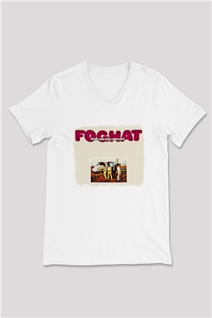 Foghat Baskılı Unisex Beyaz V Yaka Tişört