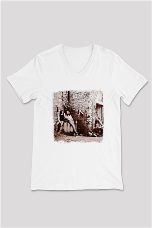Foghat Baskılı Unisex Beyaz V Yaka Tişört