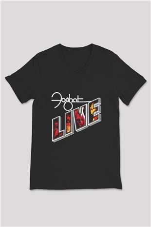 Foghat Baskılı Unisex Siyah V Yaka Tişört