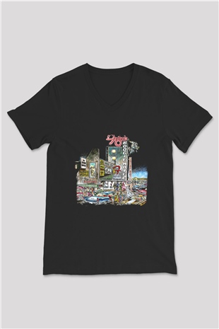 Foghat Baskılı Unisex Siyah V Yaka Tişört
