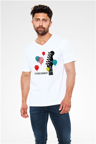 Foreigner Beyaz Unisex V Yaka Tişört T-Shirt