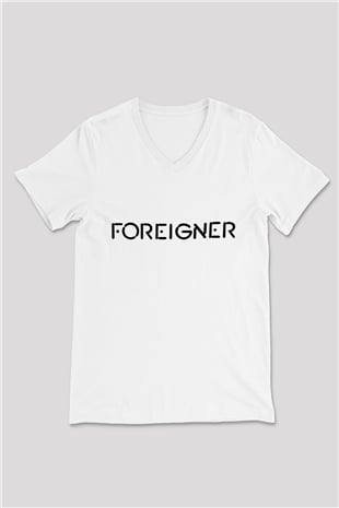 Foreigner Beyaz Unisex V Yaka Tişört T-Shirt