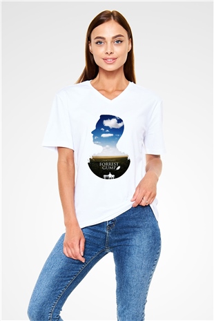 Forrest Gump Beyaz Unisex V Yaka Tişört