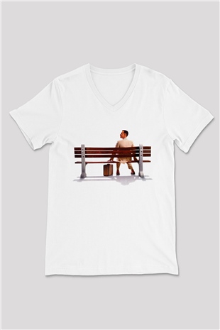 Forrest Gump Beyaz Unisex V Yaka Tişört