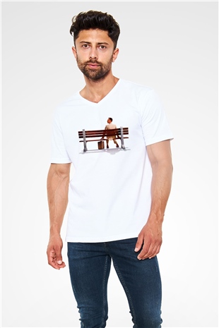 Forrest Gump Beyaz Unisex V Yaka Tişört