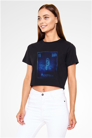 Fosfor Elementi Atom Numarası Baskılı Siyah Kadın Crop Top Tişört