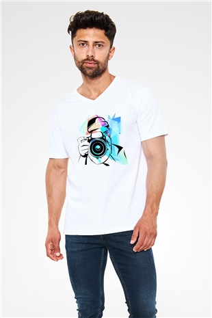 Fotoğrafçı Beyaz Unisex V Yaka Tişört T-Shirt