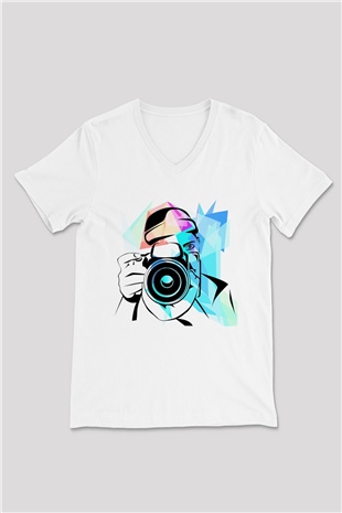 Fotoğrafçı Beyaz Unisex V Yaka Tişört T-Shirt