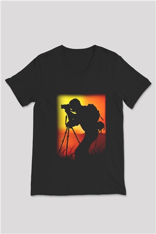 Fotoğrafçı Siyah Unisex V Yaka Tişört T-Shirt